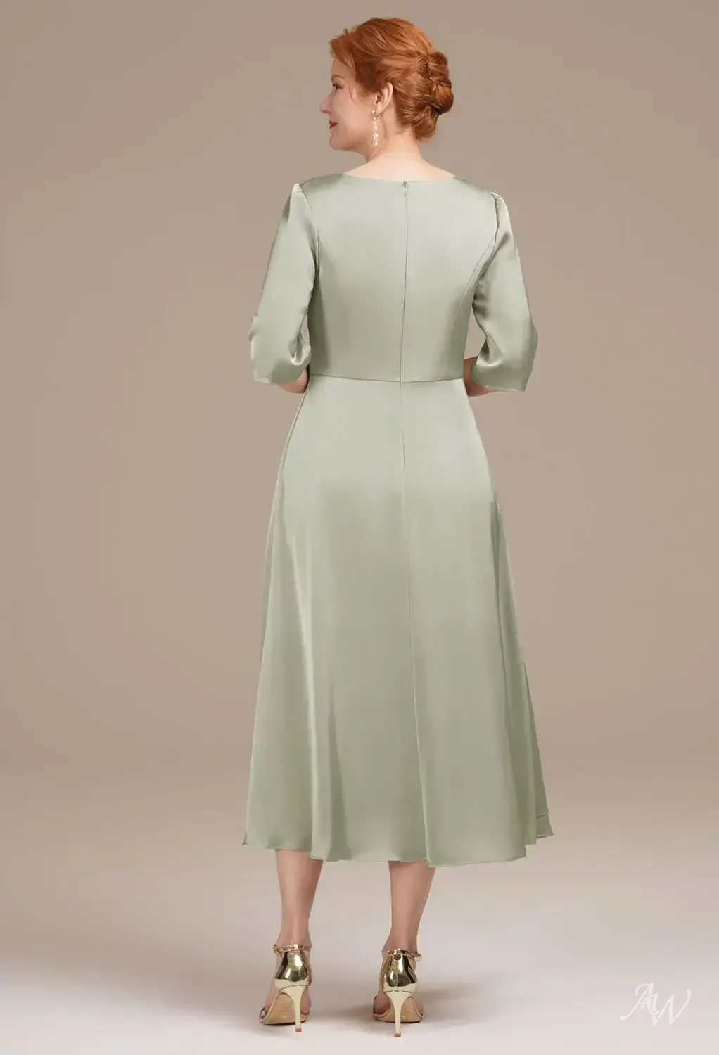 AW Zephyrine Dress, Deep Claret Satin Charmeuse Tea Length V-Neck